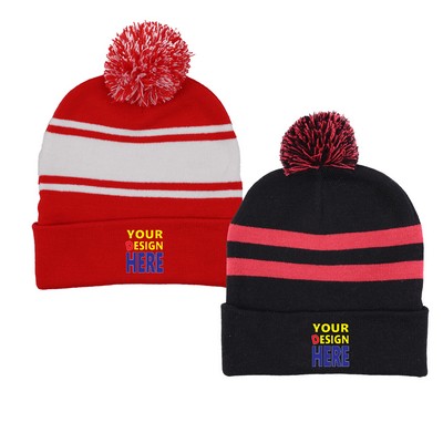 Two-Tone Knitted Pom Beanie Hat